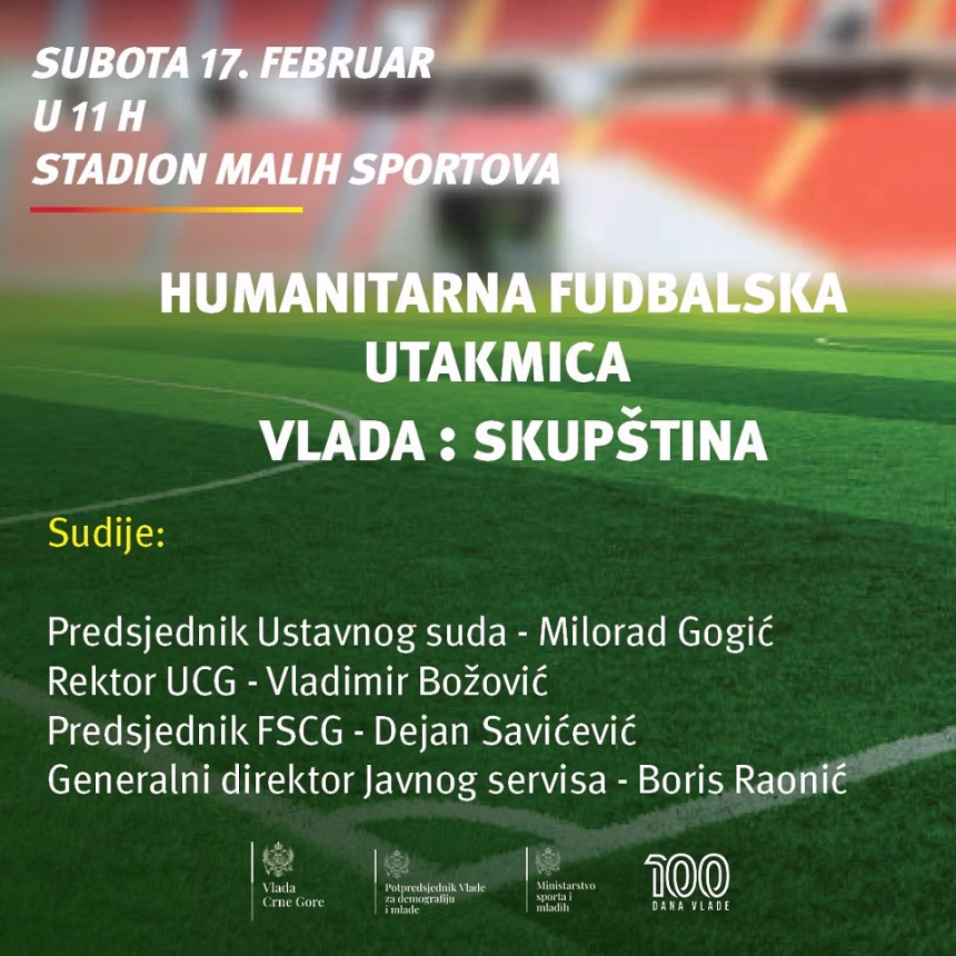 U subotu humanitarna fudbalska utakmica između Vlade i Skupštine Crne Gore