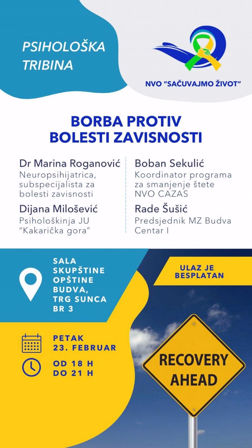Večeras u Budvi tribina o borbi protiv bolesti zavisnosti, uskoro besplatne terapeutske radionice