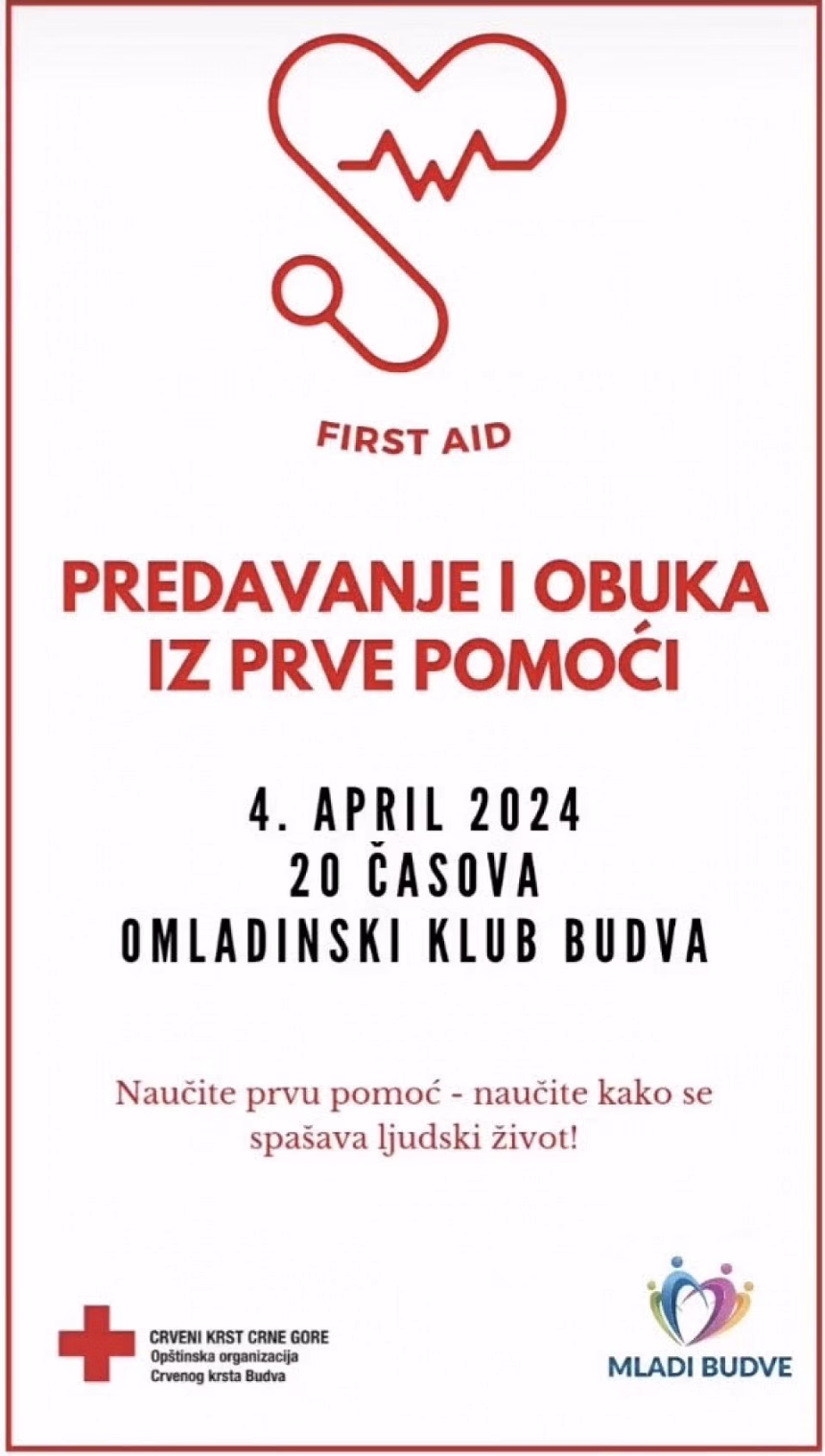 Sjutra besplatna obuka za pružanje prve pomoći u Omladinskom klubu Budva