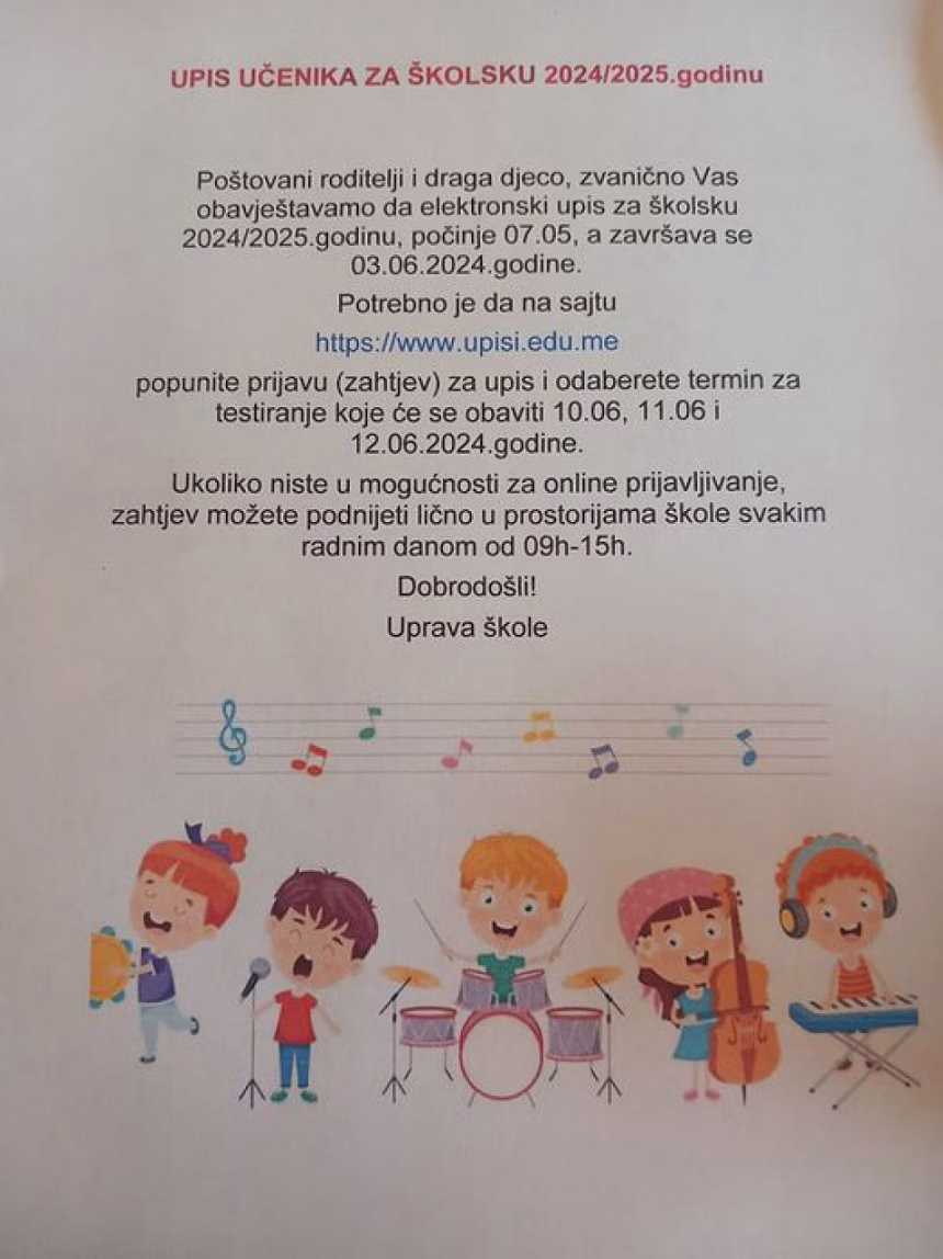 U toku upis u Muzičku školu u Budvi