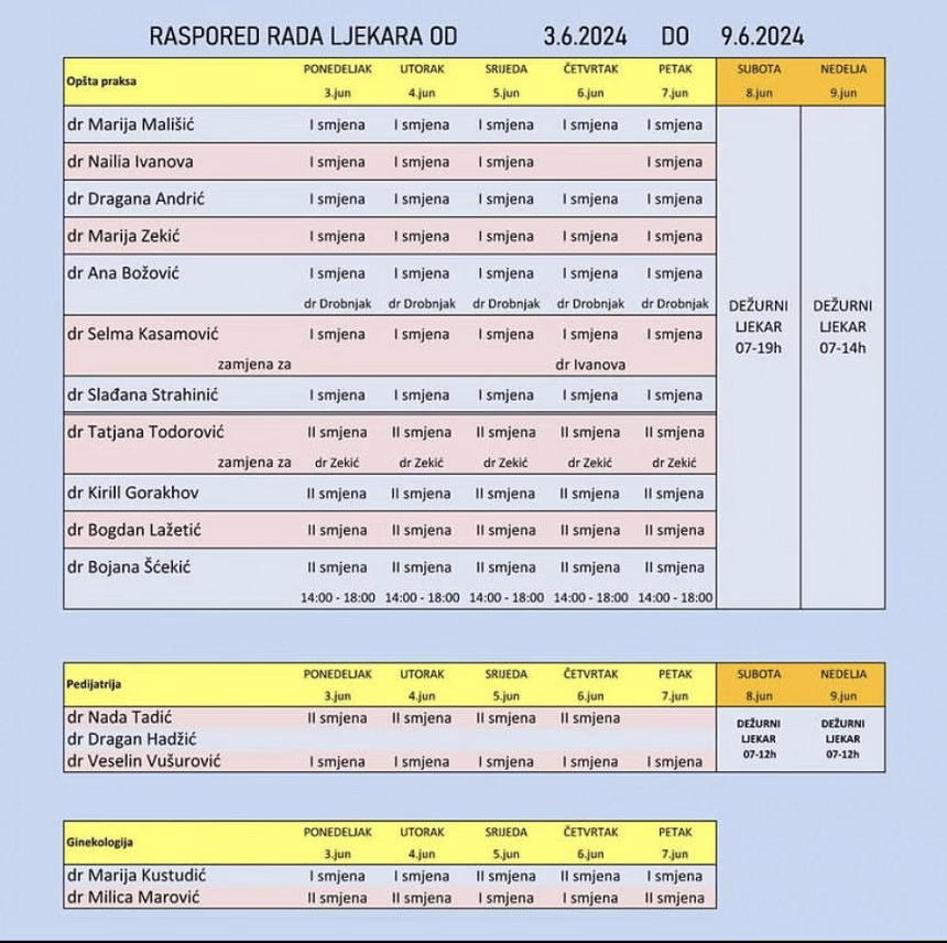 Raspored rada ljekara za ovu sedmicu