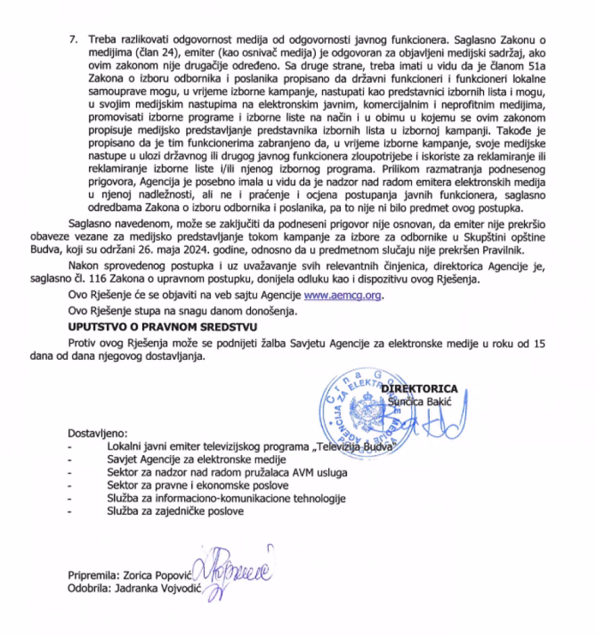 Agencija odbila anonimnu prijavu protiv RTV Budva