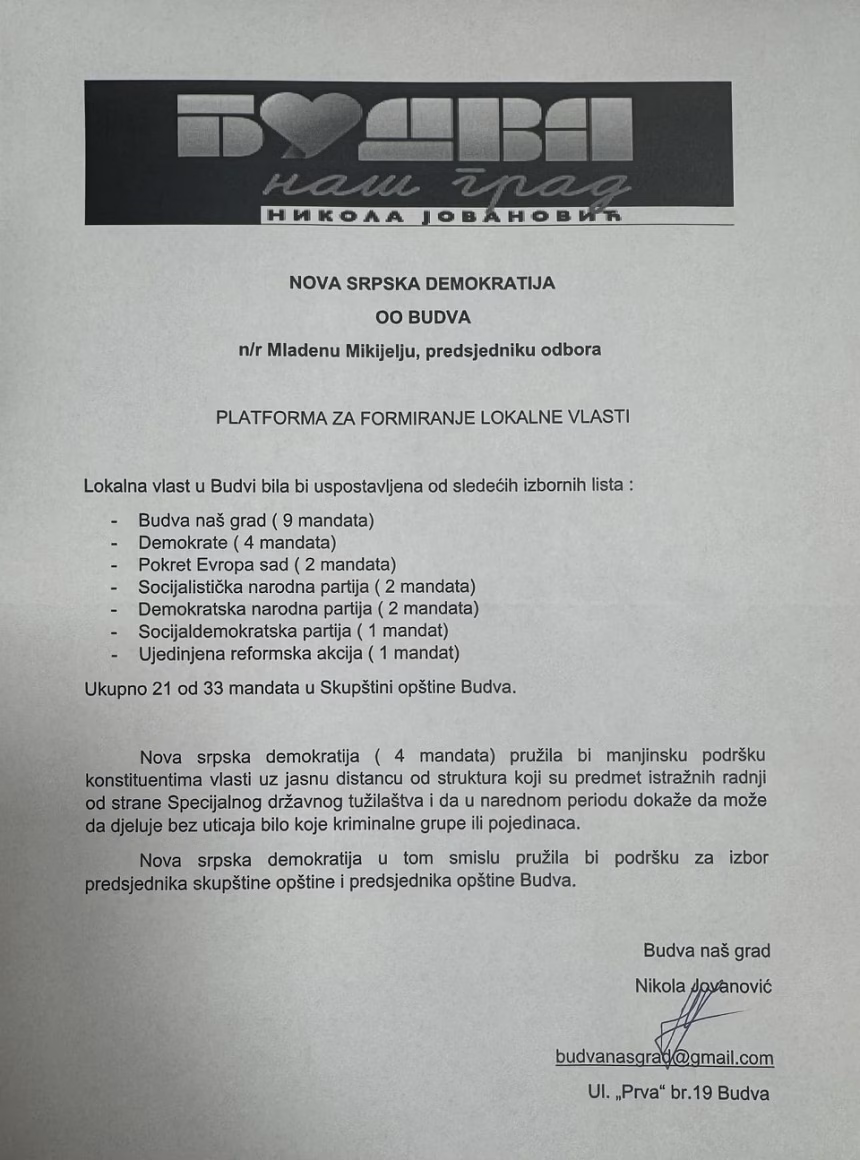 Budva naš grad: Platforma za formiranje vlasti