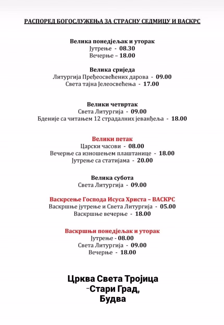Raspored bogosluženja u Svetoj Trojici