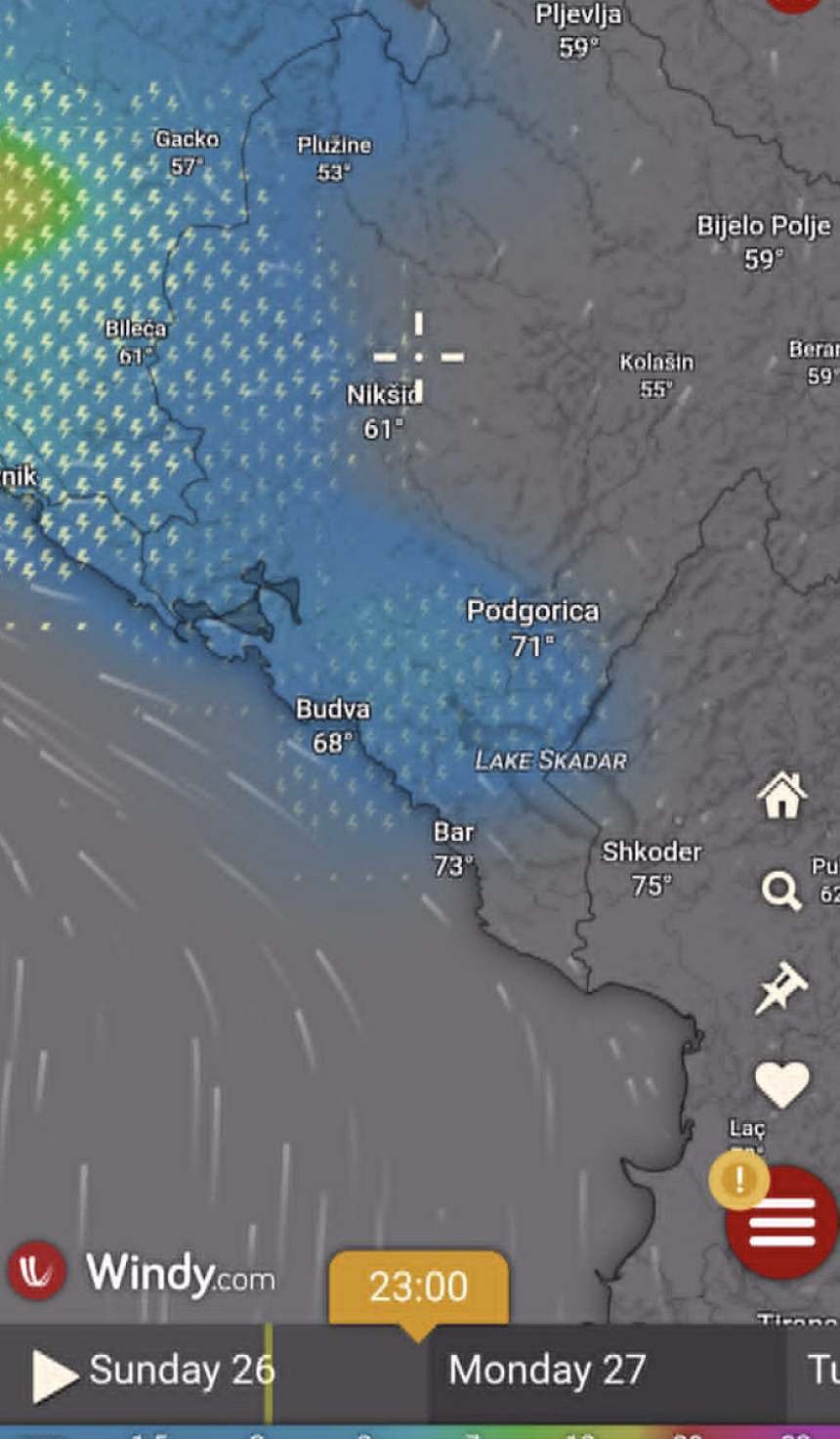 Foto: Screenshot/Windy- 23h (nedjelja na ponedjeljak)