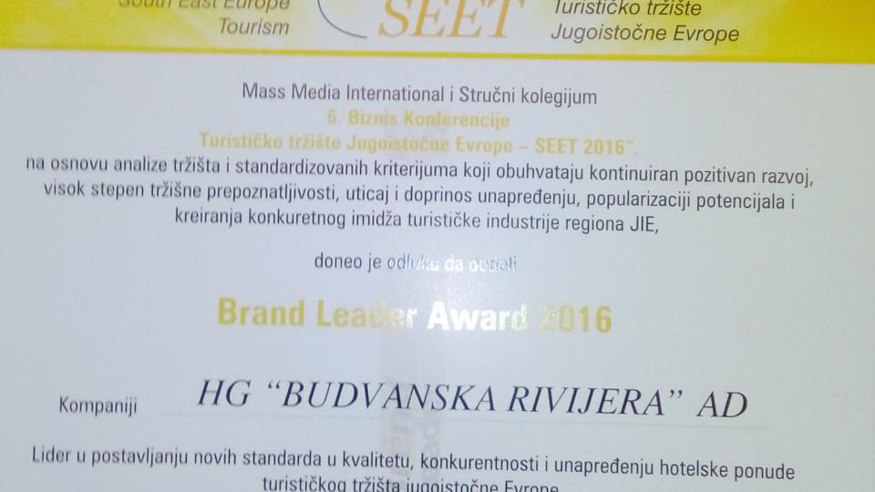Brand leader award za HG Budvanska rivijera | Radio Televizija Budva
