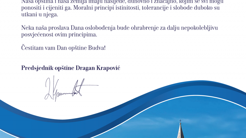 Čestitka predsjednika Opštine Dragana Krapovića povodom proslave Dana opštine Budva | Radio Televizija Budva